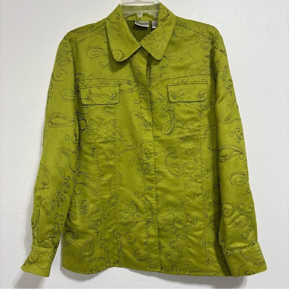 Chico's Women's Button Front Long Sleeve Top Embroidered Floral Green Sz 2/ Lrg